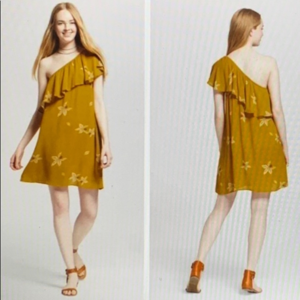 Mossimo Supply Co. Size XXL Golden Mustard Floral Ruffle One Shoulder Dress